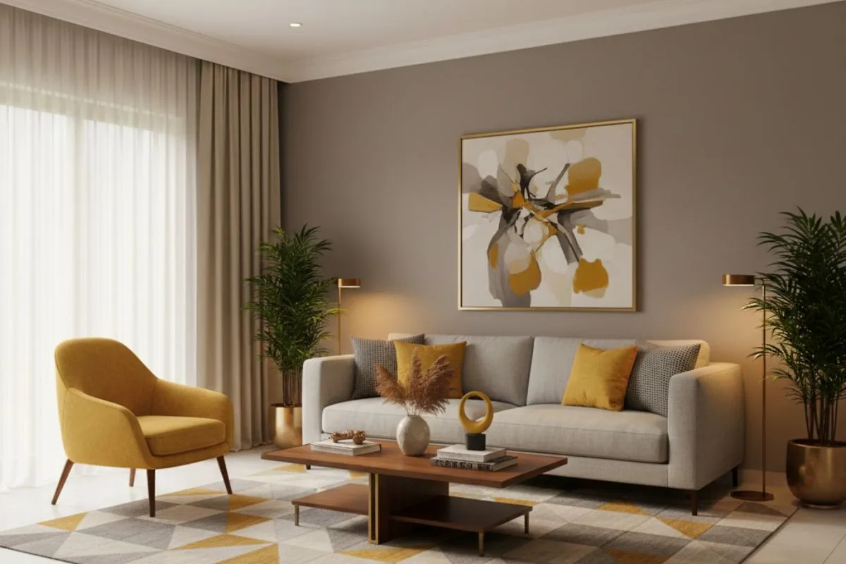 Grey and mustard yellow decor. Bright modern two colour combinations with a bold chair and geometric patterned rug.