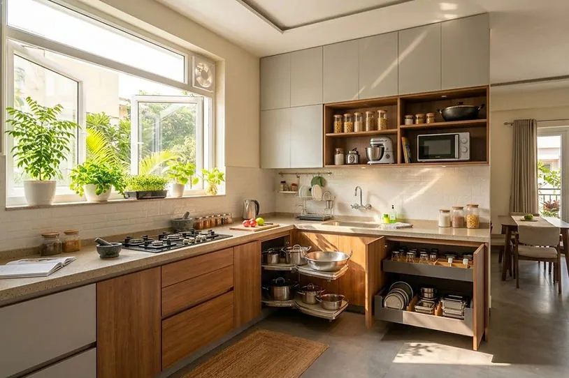 Bright L Shaped Kitchen Interior with big windows for natural light and fresh air.
