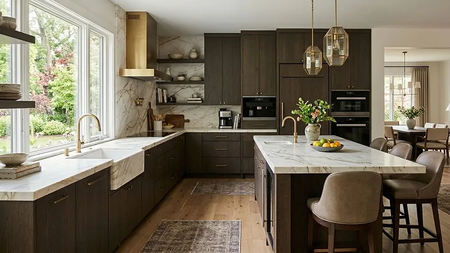 Modern L Shaped Kitchen Interior with dark wood cabinets and a marble island.