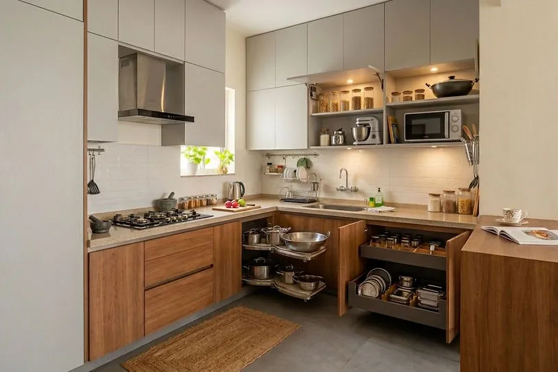 Smart L Shaped Kitchen Interior with pull-out corner drawers for better storage.