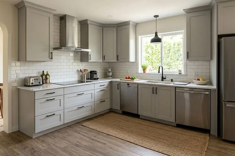 Simple grey L Shaped Kitchen Interior that is cost-effective and easy to maintain.