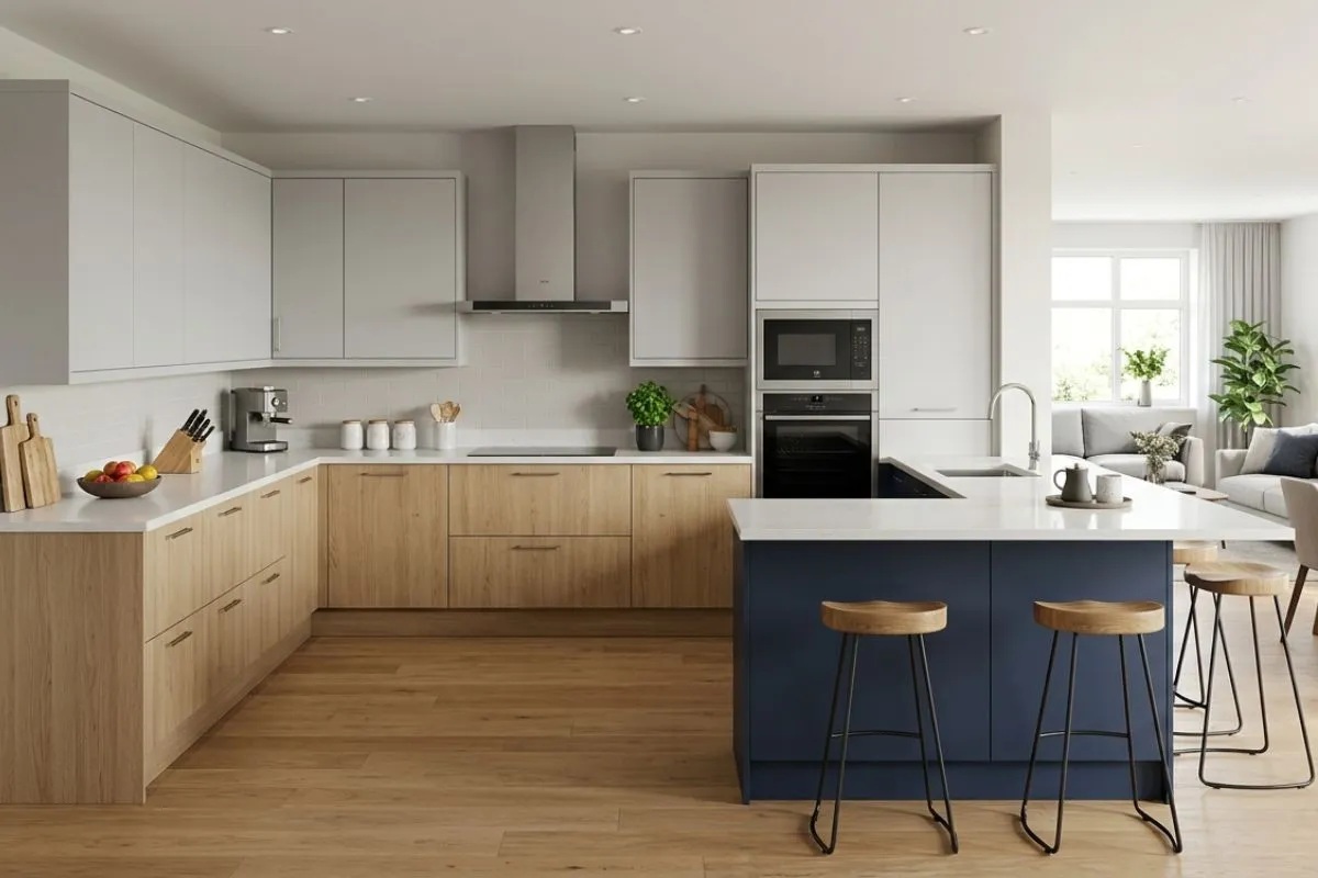 Modern U Shaped Modular Kitchen with oak cabinets, a blue island, and white counters in a bright open space.