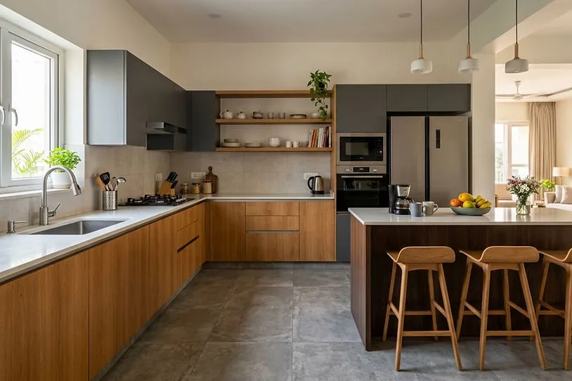 Custom L Shaped Kitchen Interior with wood finish and a modern breakfast counter.
