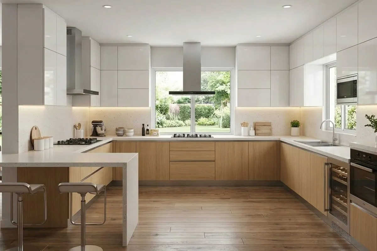 Minimalist U Shaped Modular Kitchen featuring light wood lower units, white upper cabinets, and a garden view.