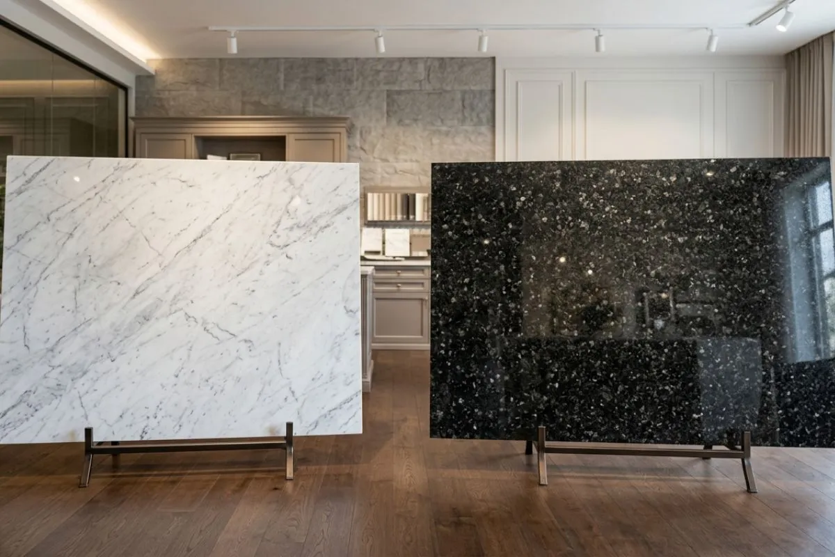 Large white marble and black granite slabs stand in a room to help pick kitchen tops.