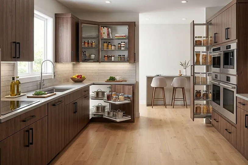 Dark wood L Shaped Kitchen Interior using every corner for optimal pantry storage.