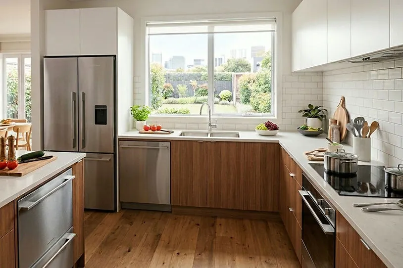 Modern L Shaped Kitchen Interior with a wood finish, showing a sink under the window and a handy stove.