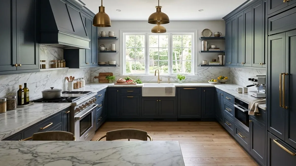Elegant navy blue U Shaped Modular Kitchen with marble countertops, brass hardware, and farmhouse sink.