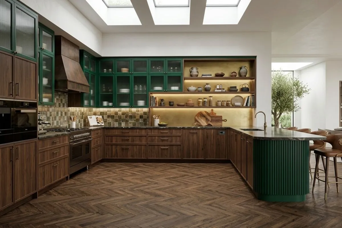 Luxury U Shaped Modular Kitchen with dark wood, green accents, gold shelving, and a stylish herringbone floor.