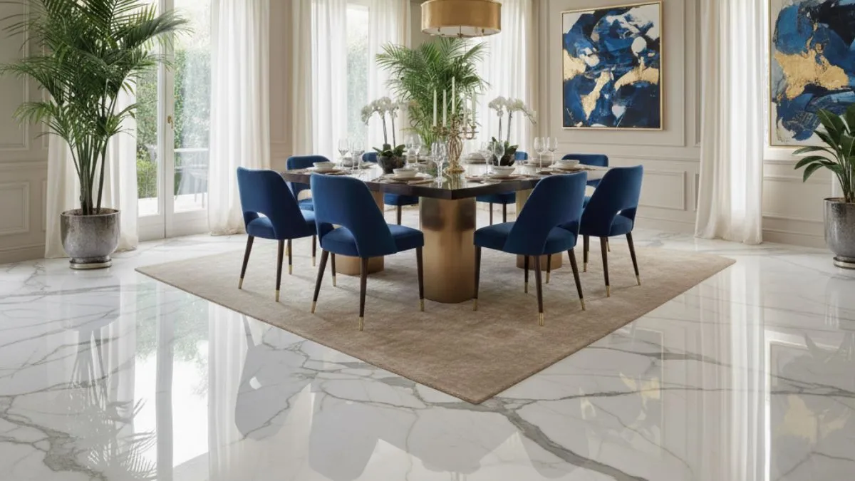 Luxury dining room featuring shiny Italian Marble flooring, blue chairs, and elegant gold decor.