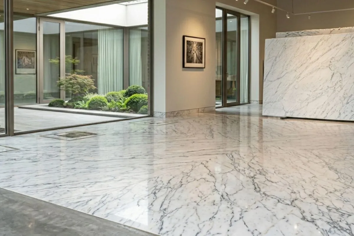 A bright room showing a shiny floor made of white Italian Marble with beautiful grey veins.