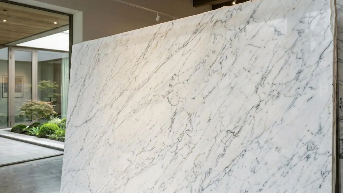 A close-up shot of a standing slab of Italian Marble. That shows the detailed grey patterns and smooth texture that make this Marble a popular choice for home luxury.