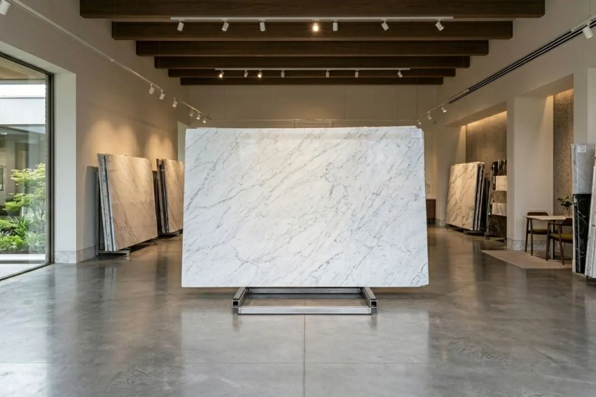 Large slabs of Italian Marble on display in a modern showroom with bright ceiling lights.