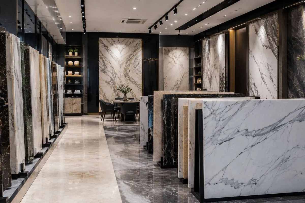 Modern showroom with a large collection of premium Italian Marble slabs on display for buyers.