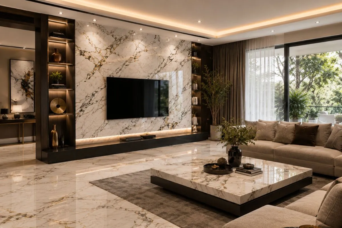 A luxury living room featuring elegant Italian Marble flooring and a matching accent TV wall.
