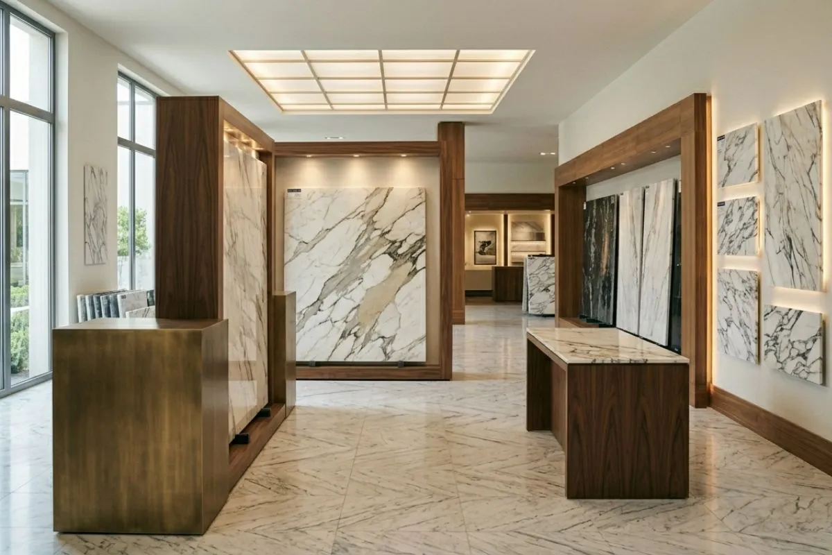 A well-lit store displaying high-quality Italian Marble options to help buyers compare prices.