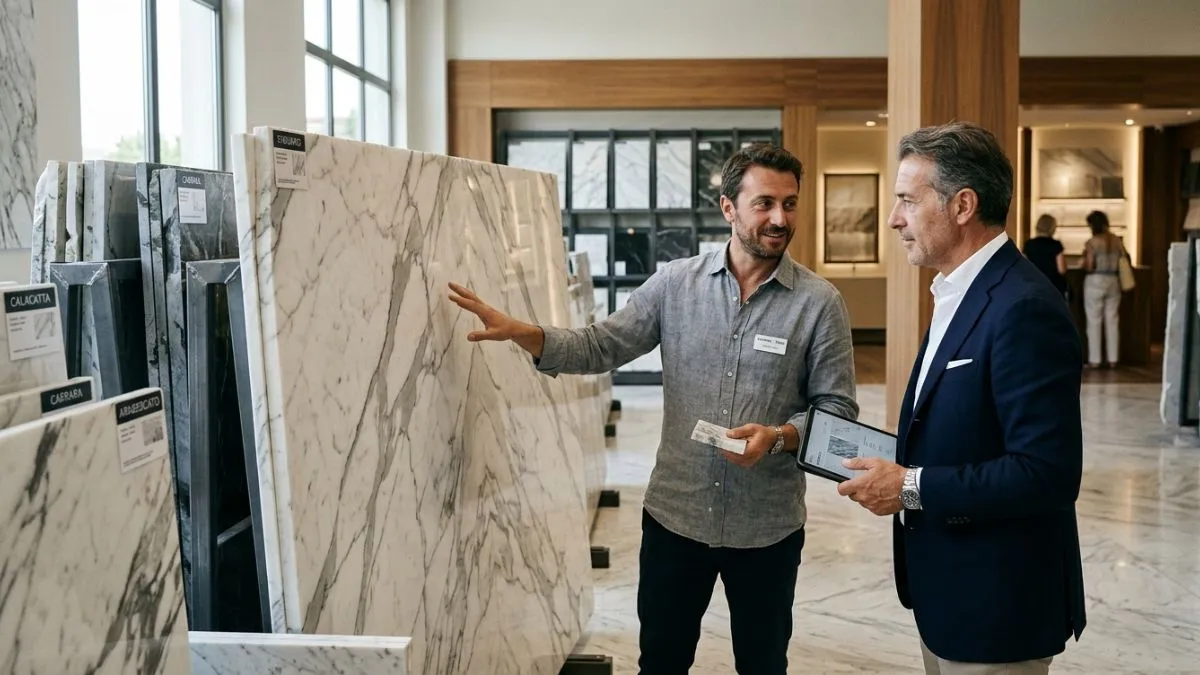 Two men in a showroom discussing smart ways to save money on their luxury Italian Marble purchase.