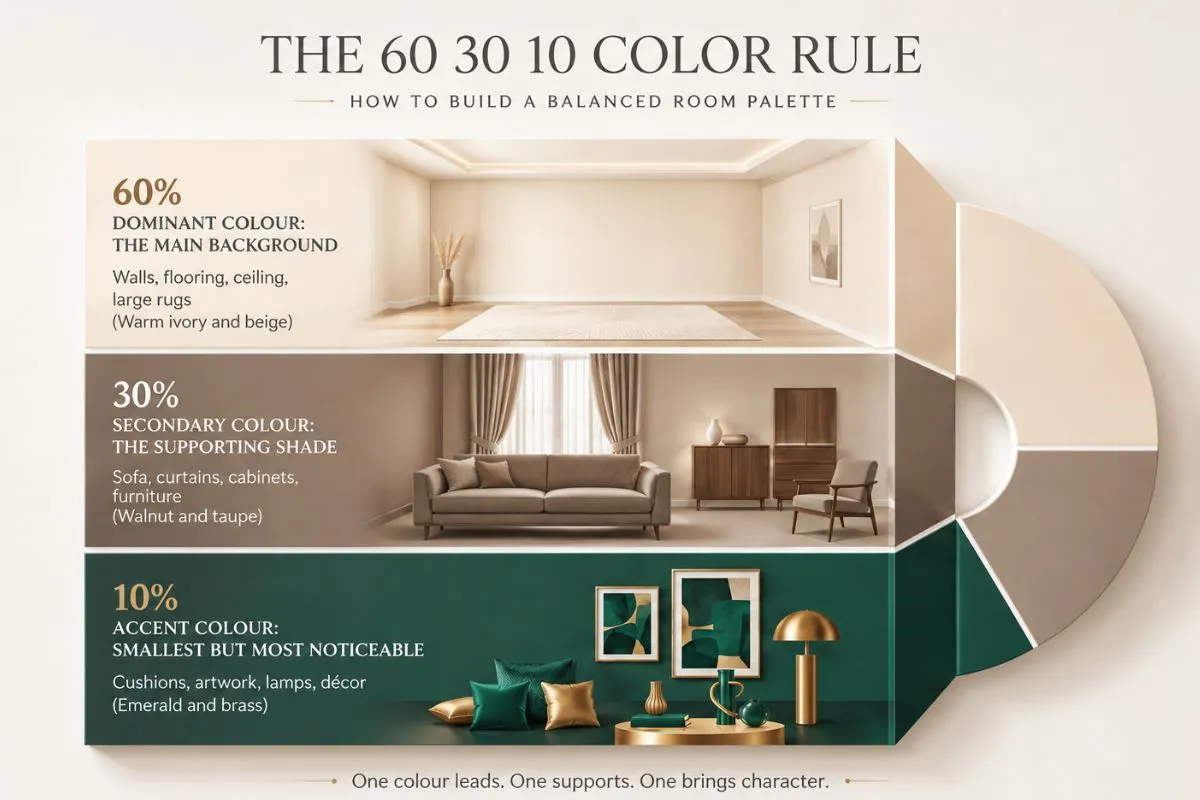 Infographic showing the 60-30-10 color rule with ivory, walnut brown, and emerald green room examples.