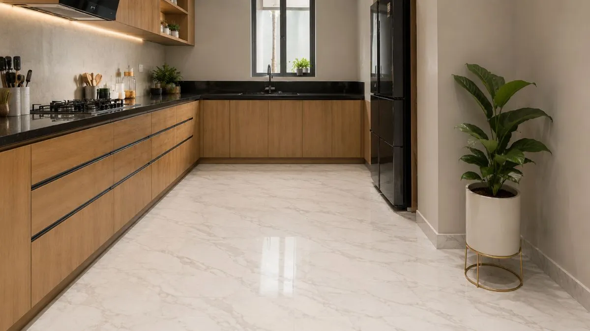 Modern wooden kitchen with shiny white marble flooring.