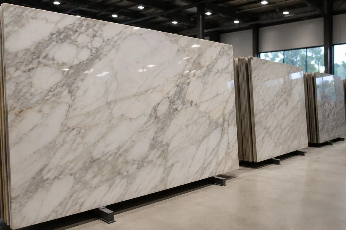 White Albeta marble slabs with beautiful gray and gold patterns.