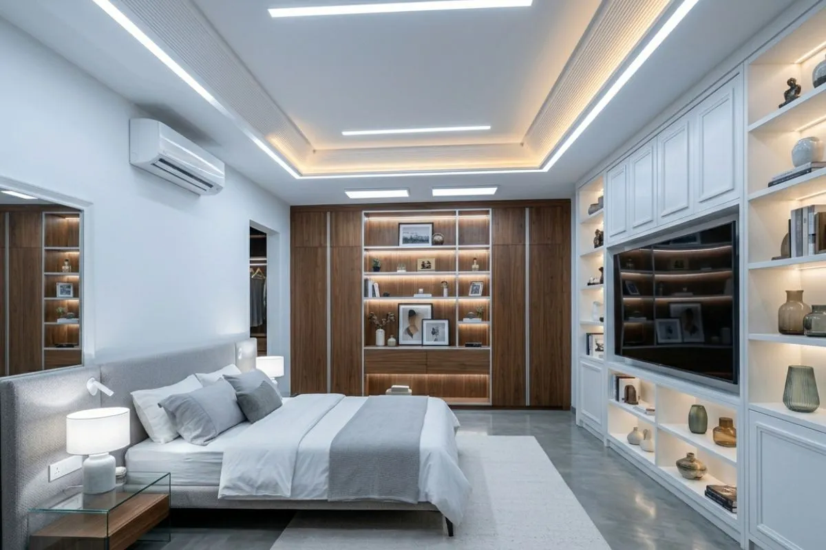 Modern bedroom with cool white paint and bright artificial LED strip lights on the ceiling.