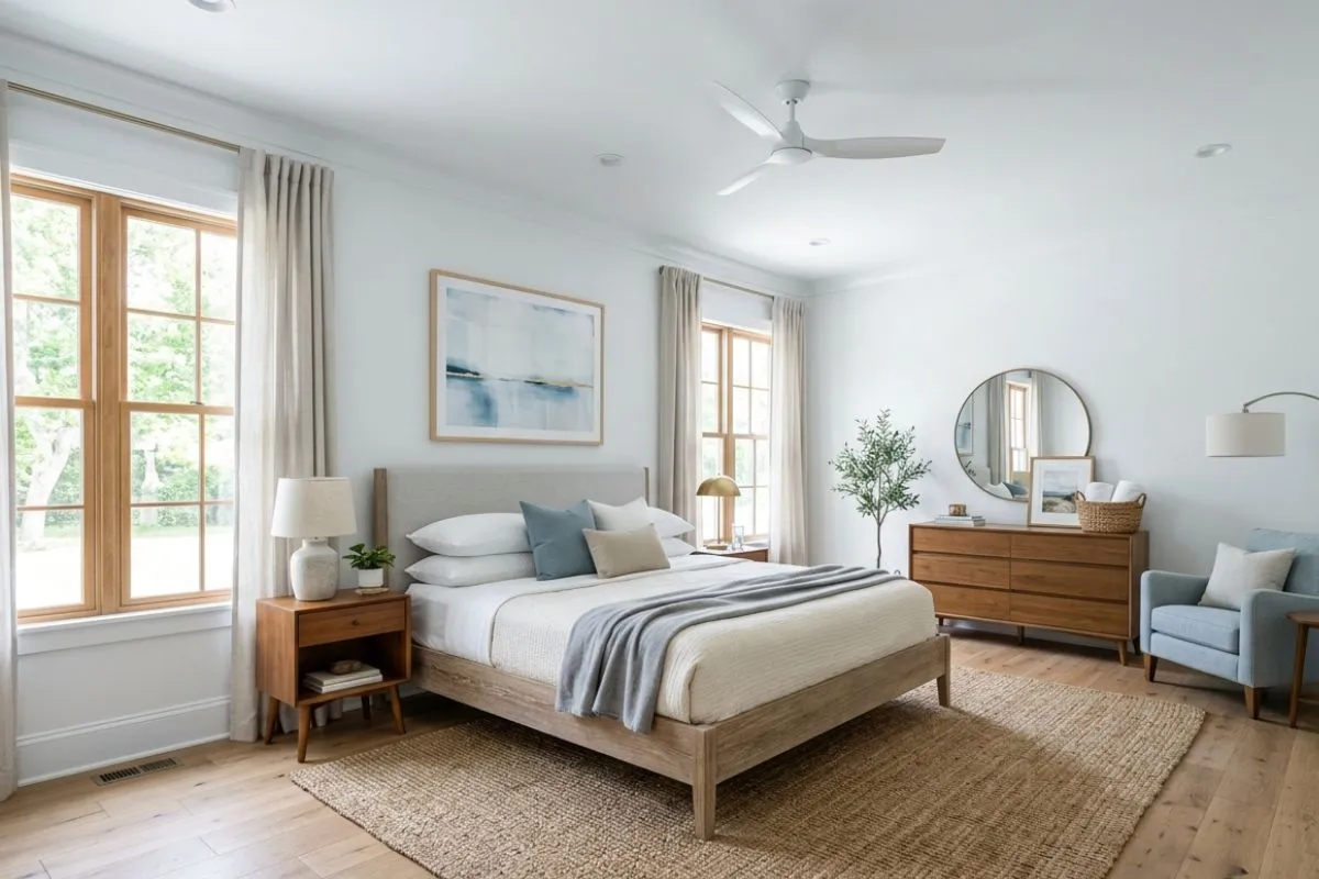 A bright bedroom featuring cool white paint, large windows, a wooden bed and blue pillows.
