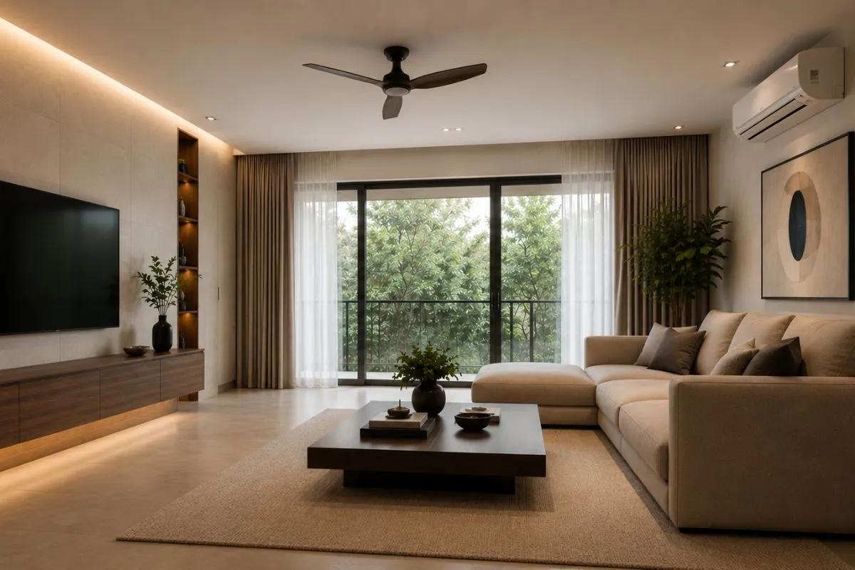 A clean, modern living room with a large tan sofa, a wooden coffee table, a TV, and big glass doors to the outside.