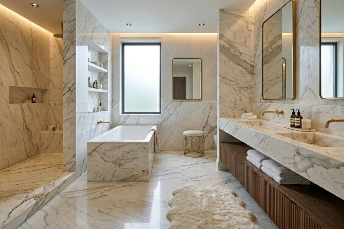 White Michelangelo Marble bathroom with a large tub, vanity, and gold fixtures.