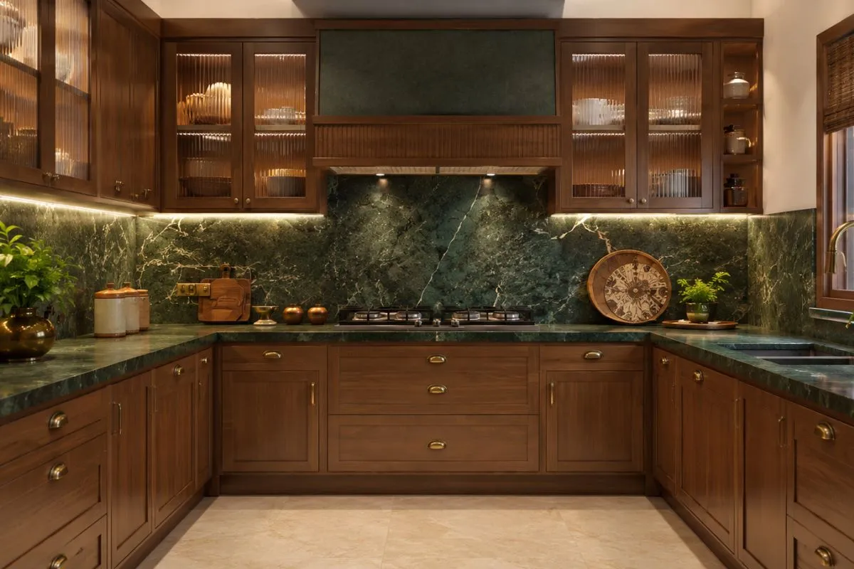 Wooden kitchen cabinets with a dark green marble counter and matching backsplash.