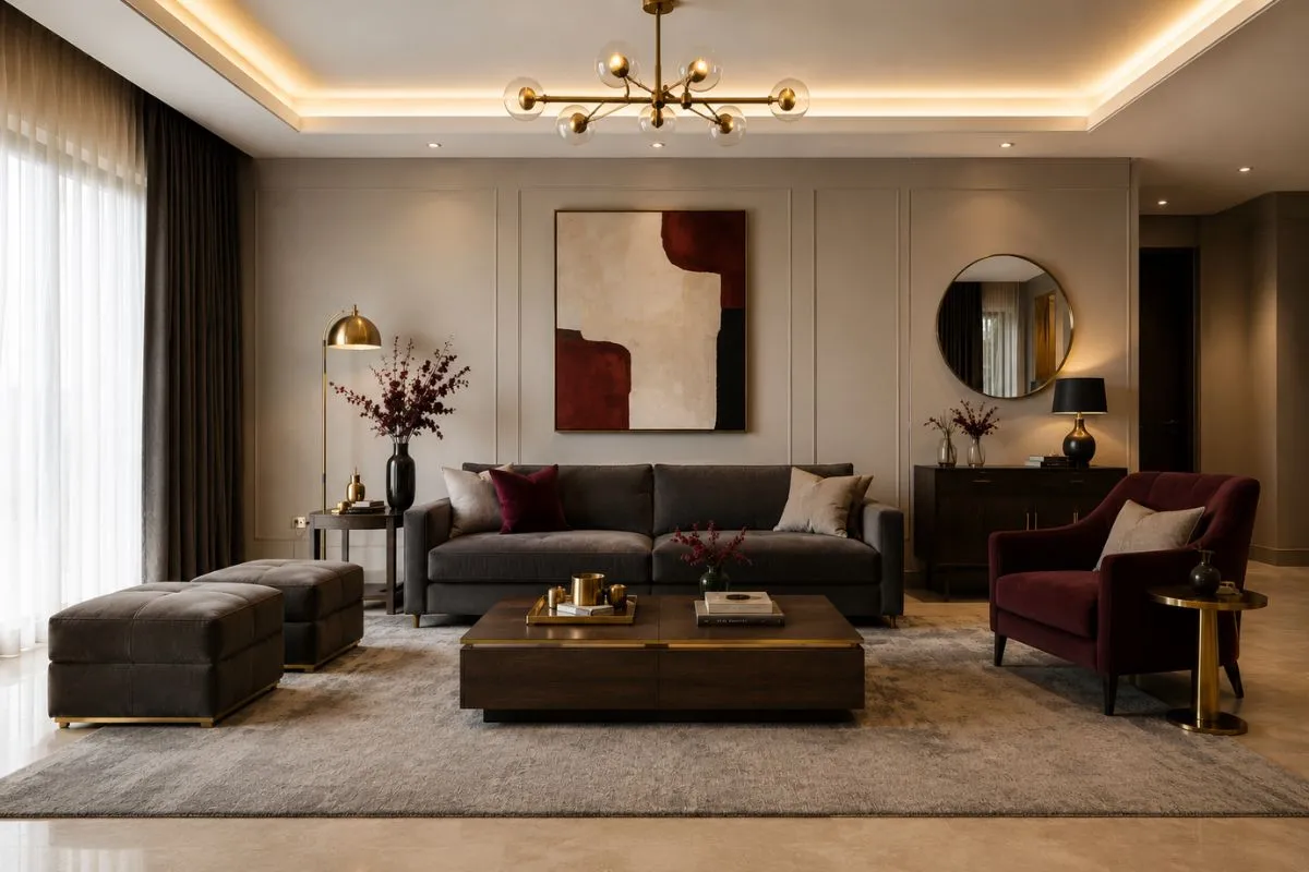 Modern living room with beige walls, a dark grey sofa, dark wood furniture, and deep red pillows.