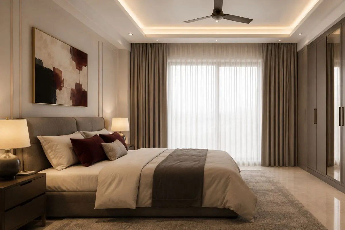 Cozy bedroom with light walls, brown curtains, a grey fabric bed, and deep red accent pillows.