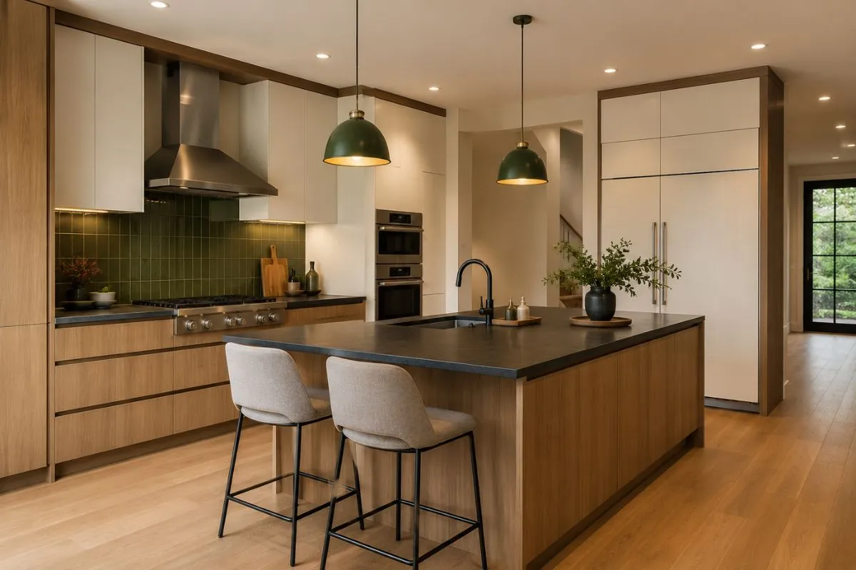 Modern kitchen featuring light wood cabinets, white panels, and a dark green tile backsplash.