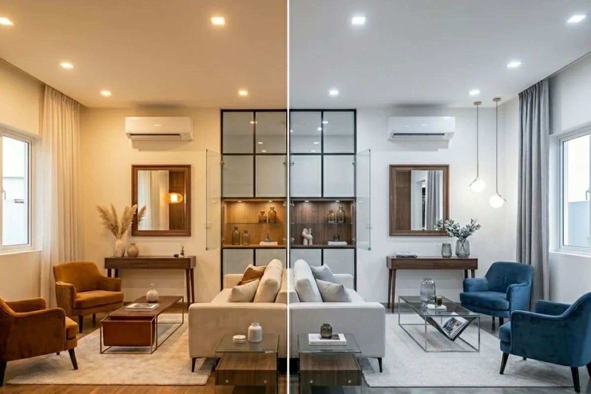 Split view of a modern living room comparing warm yellow lighting with cool white lighting.