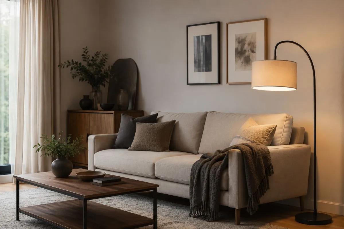 An arched black floor lamp stands next to a modern beige sofa with decorative pillows in a living room.