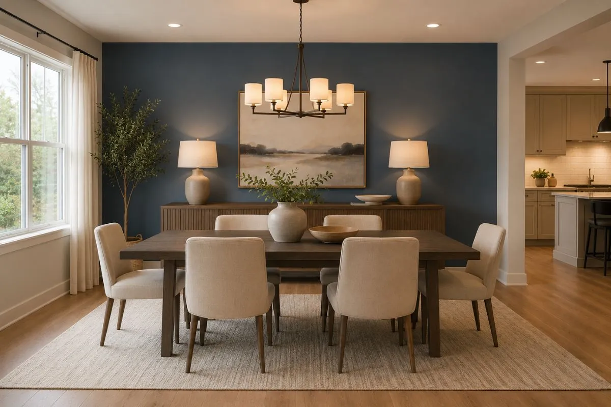 Elegant dining room with a dark blue feature wall, a wooden table, and six beige dining chairs.