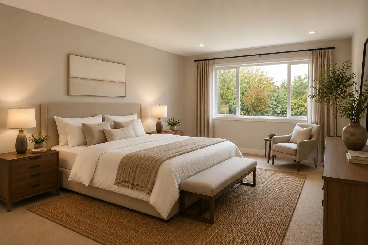 Peaceful bedroom designed completely in neutral beige and cream tones with soft bedside lighting.