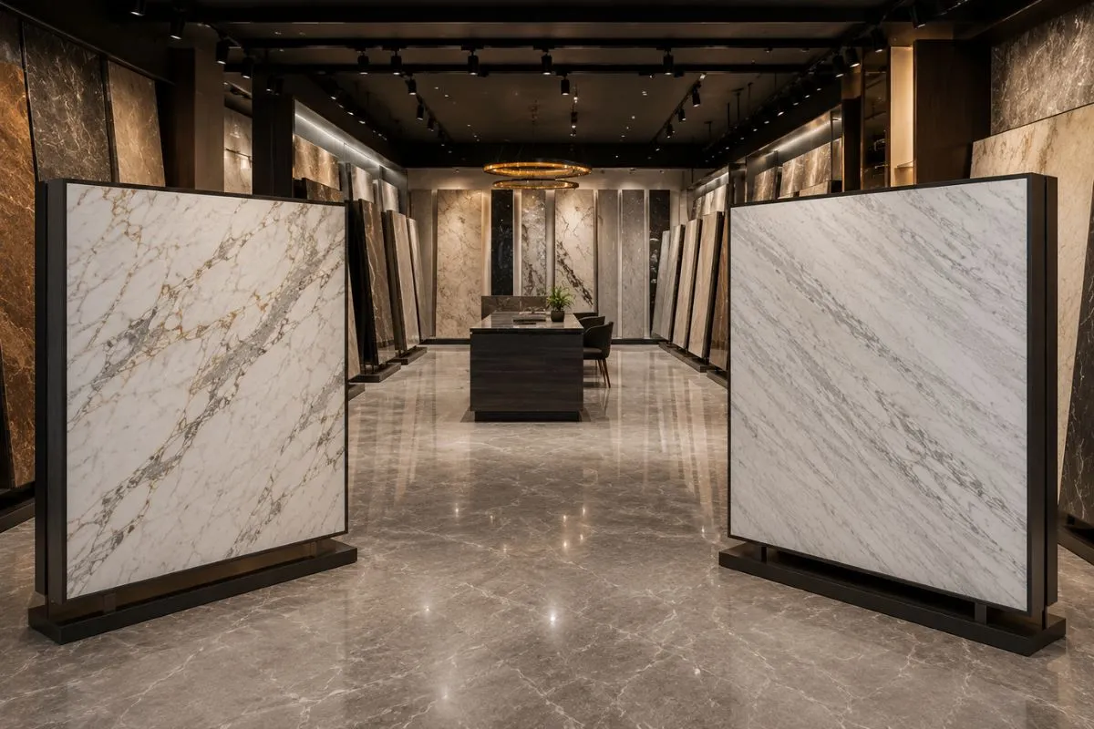 Two big marble slabs on display inside a well-lit showroom.