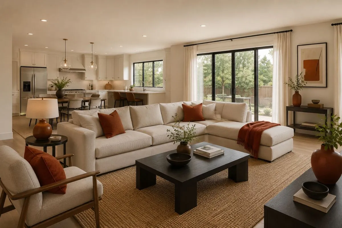 Large living room with a cream sofa, dark tables, and bright orange cushions acting as accent colors.