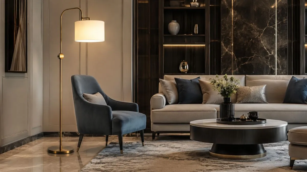 A gold arched floor lamp stands next to a blue armchair in a modern living room with a sofa and coffee table.
