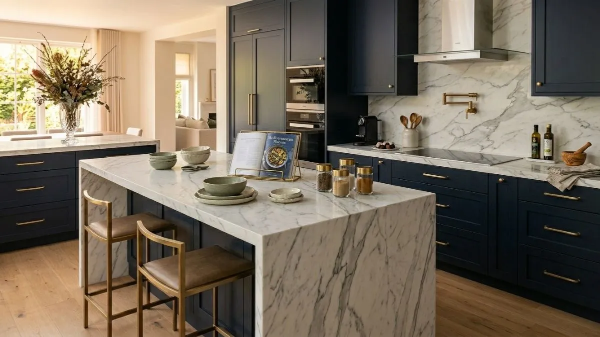 Modern dark blue kitchen with a beautiful, white Kitchen Marble Slab on the island.