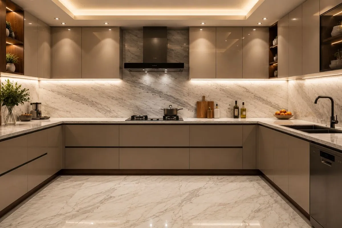 A modern kitchen with white marble counters and floors.