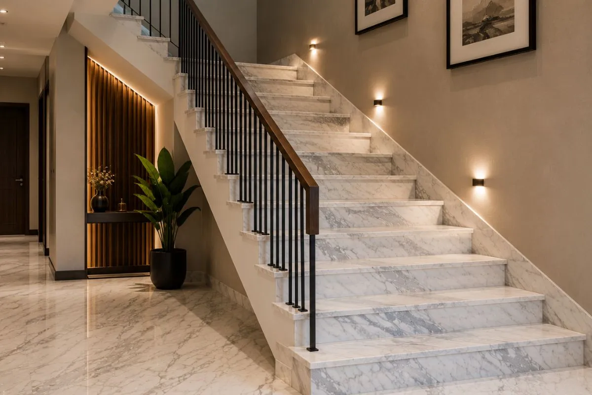 Modern indoor stairs made of white marble with black rails.
