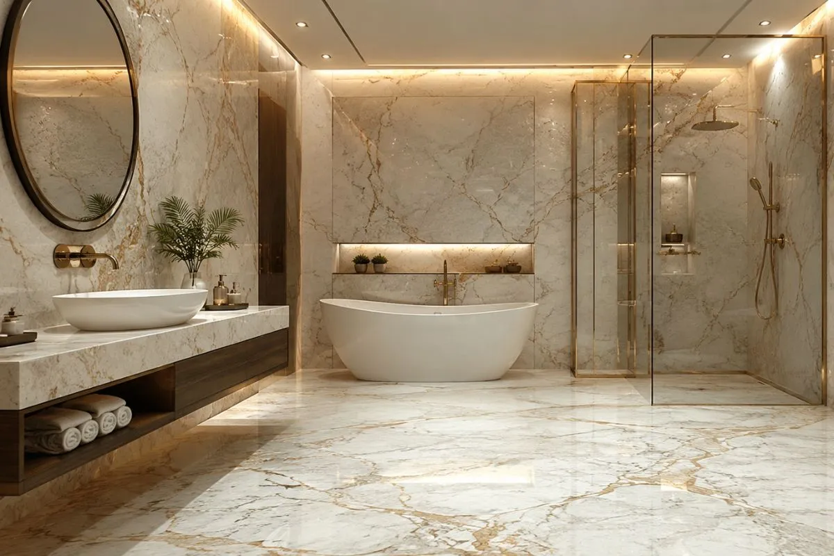 A luxury bathroom with a white bathtub and marble walls.