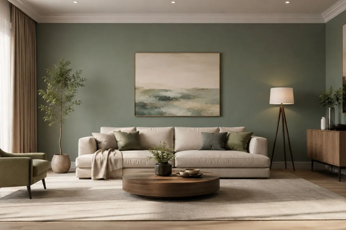 Cozy living room with a green painted wall, a cream sofa, and a round wooden coffee table showing a classic wallpaper vs paint choice.