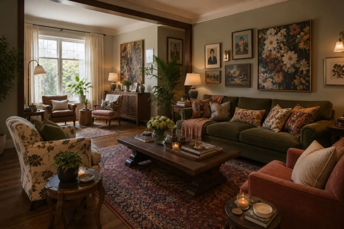 A cozy room with a green sofa, patterned pillows, many framed pictures on the wall, and candles on a wooden table.