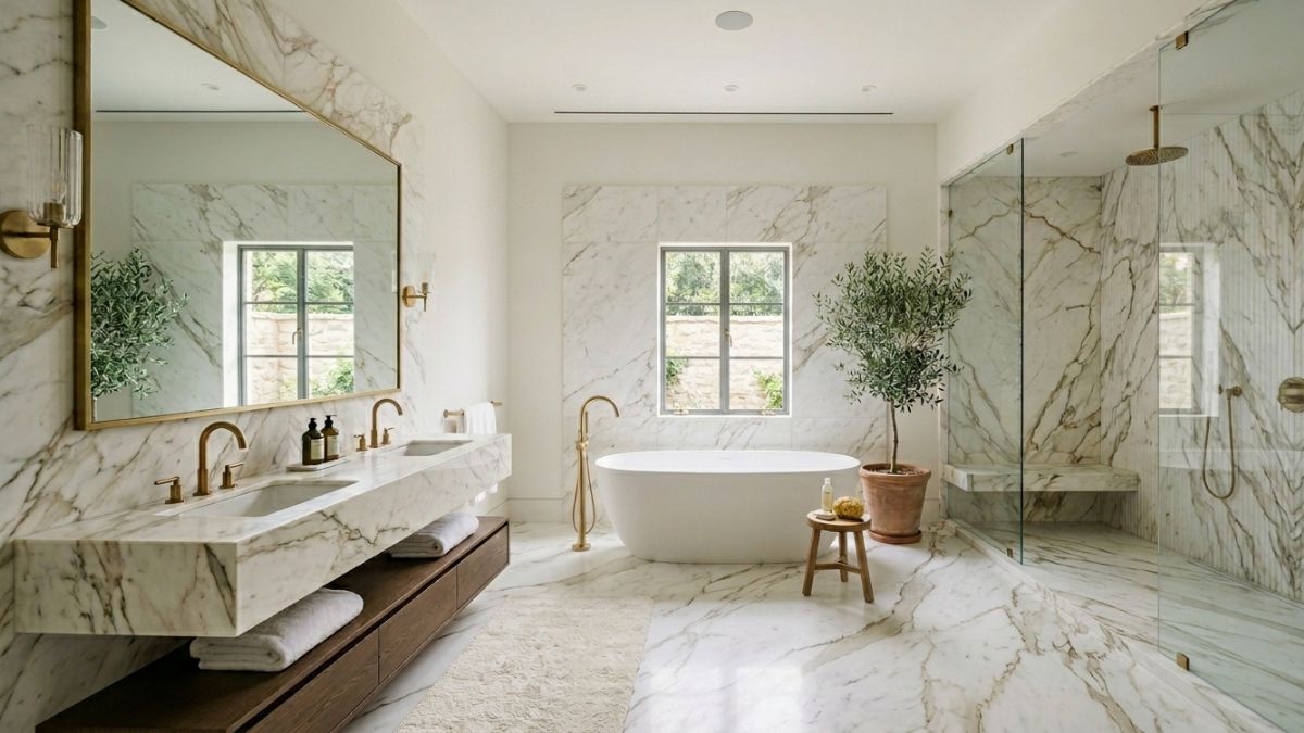 Bright, spacious bathroom designed with classic white Michelangelo Marble walls.