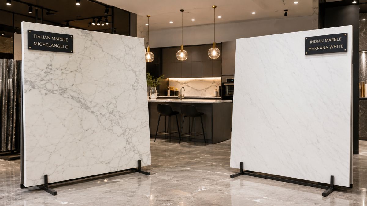 Two large marble display boards standing in front of a modern kitchen setup.