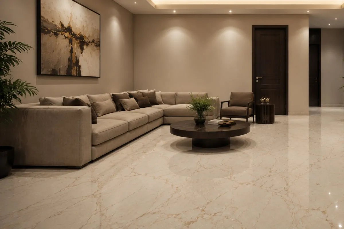 A spacious living room with a large sofa and marble floor.