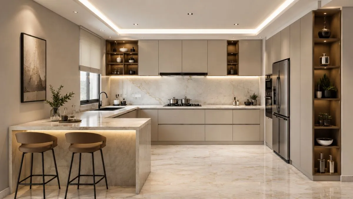 Modern beige kitchen with marble countertops, an G Shaped with bar stools, and bright lighting.
