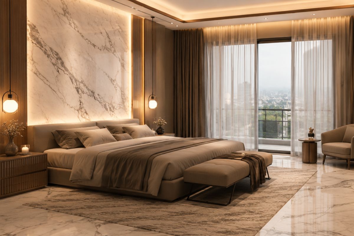 Modern bedroom with warm lights shining on a marble wall panel.